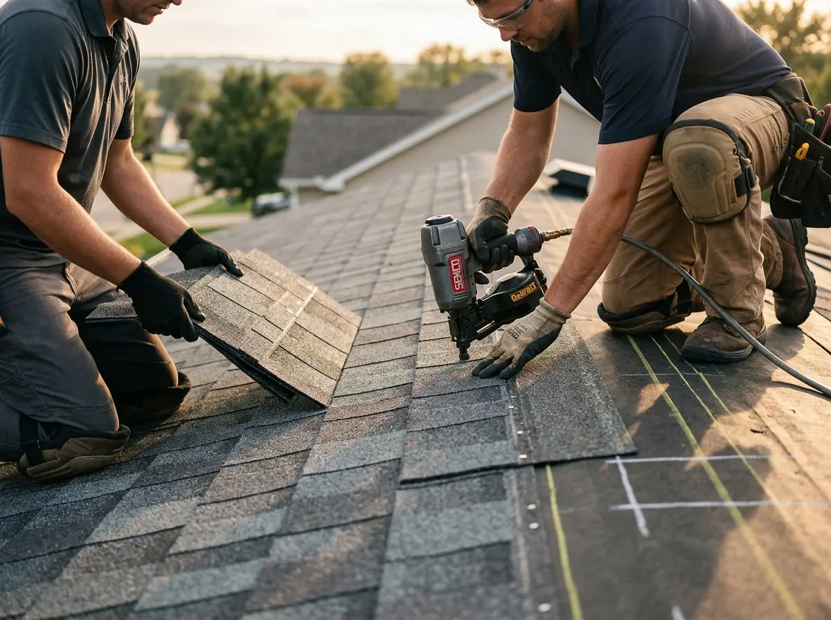 Professional roofer working on a residential roof in Highland Park